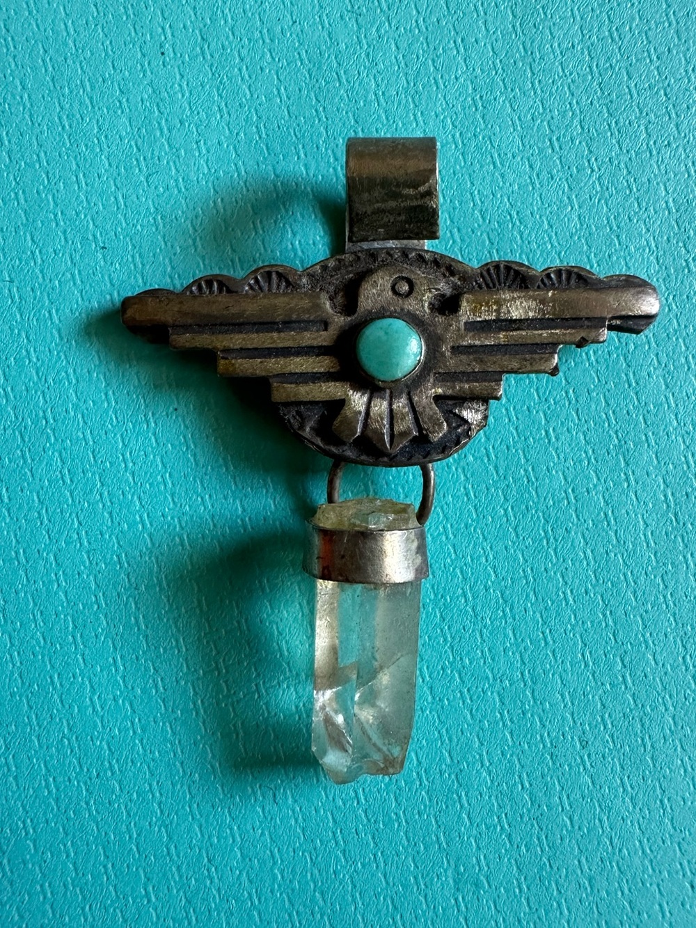 Vintage Artisan Native Thunderbird Sterling Turquoise Raw Quartz Pendant